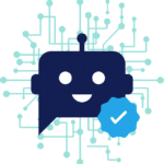 Icône stylisée représentant un robot souriant de couleur bleu foncé, symbolisant l’intelligence artificielle. En arrière-plan, un réseau de circuits électroniques évoque la technologie et la connectivité. En bas à droite, un badge bleu clair avec une coche blanche suggère la fiabilité ou la certification du système.