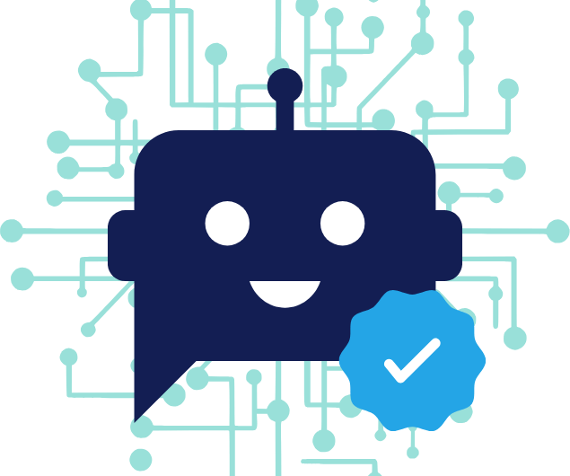 Icône stylisée représentant un robot souriant de couleur bleu foncé, symbolisant l’intelligence artificielle. En arrière-plan, un réseau de circuits électroniques évoque la technologie et la connectivité. En bas à droite, un badge bleu clair avec une coche blanche suggère la fiabilité ou la certification du système.