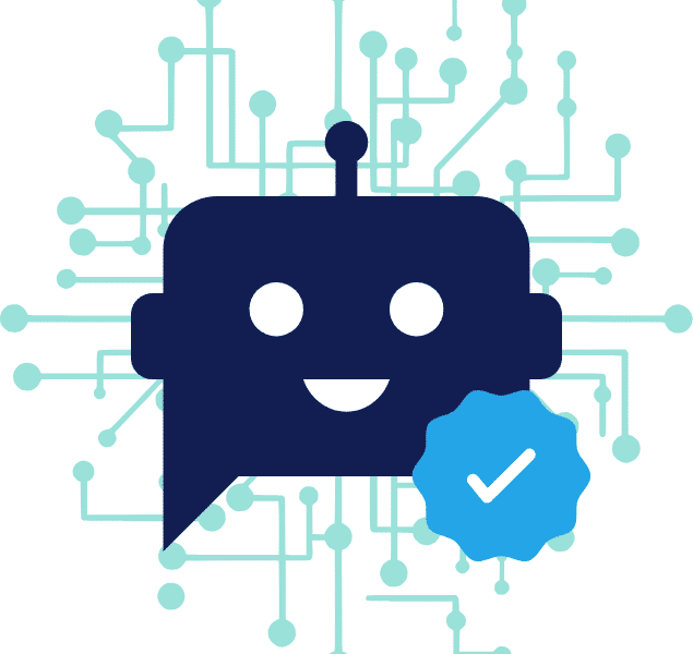 Icône stylisée représentant un robot souriant de couleur bleu foncé, symbolisant l’intelligence artificielle. En arrière-plan, un réseau de circuits électroniques évoque la technologie et la connectivité. En bas à droite, un badge bleu clair avec une coche blanche suggère la fiabilité ou la certification du système.